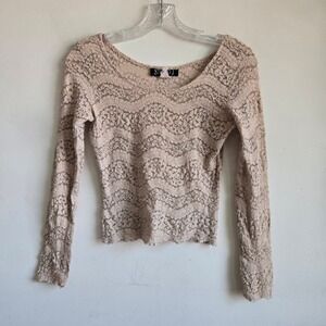Vtg Studio J Small Lace Top Women Beige Excellent Long Sleeve Sheer Scoop Neck